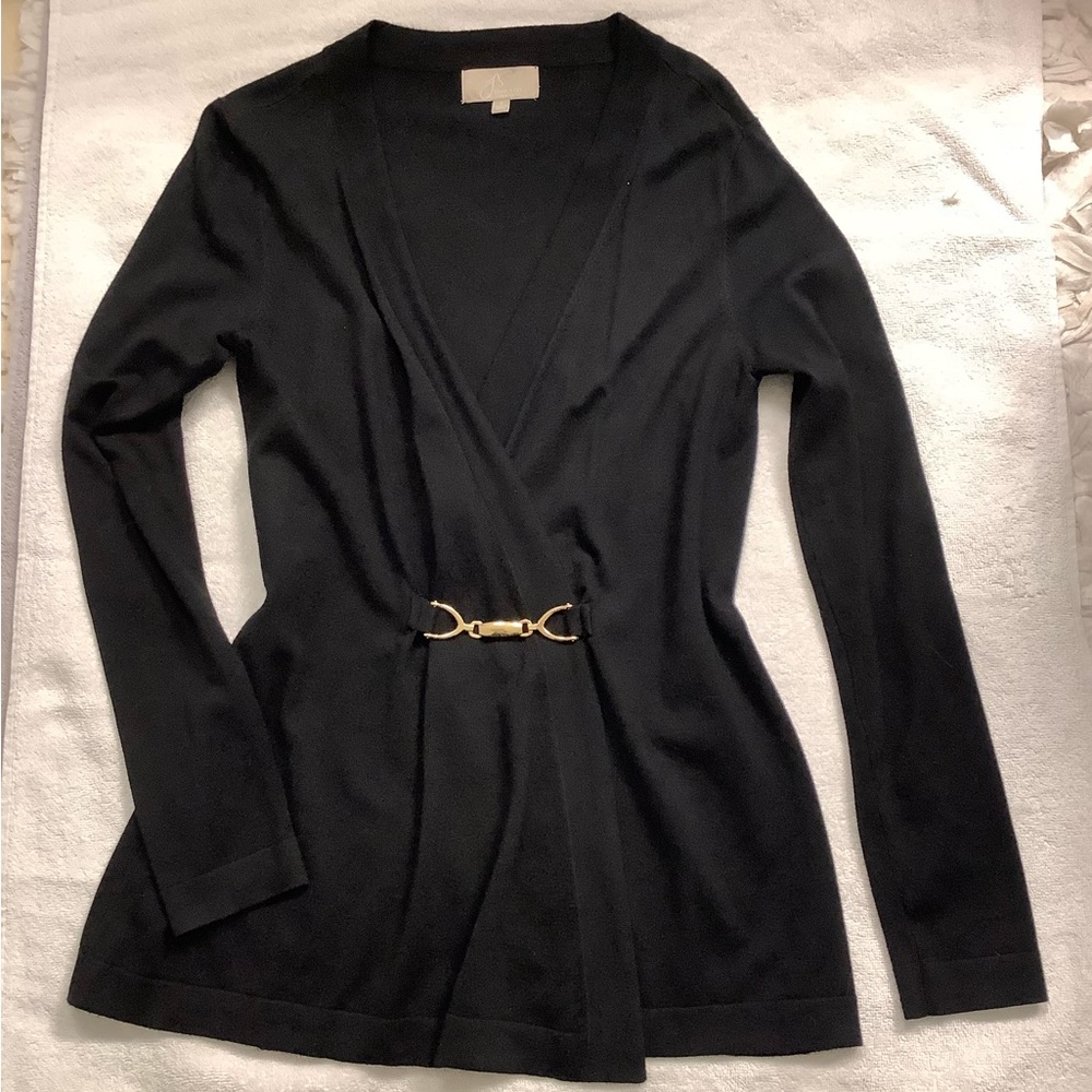 Joan Vass black cardigan with gold latch